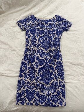 Maternity Blue and White Damask Dress